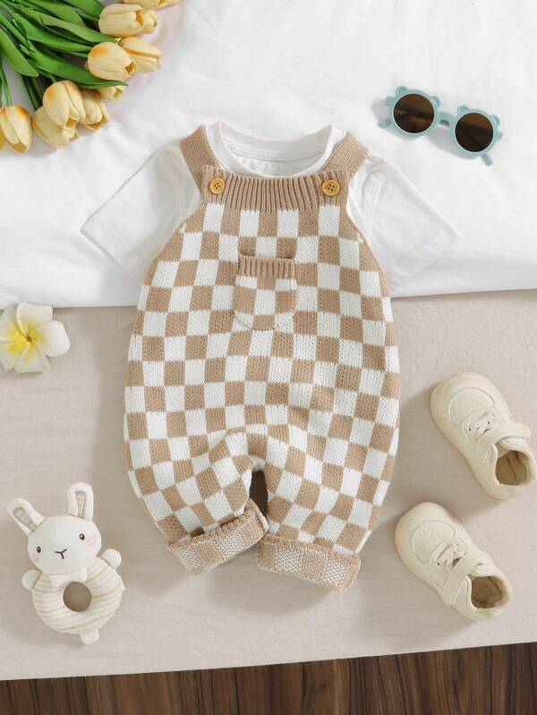 1pc Infant Romper Jumpsuit Casual Plaid Suspender Design, Comfortable & Versatile Baby Bodysuit