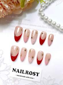 10 件手工按压指甲套装杏仁透明银色波点闪亮闪光彩虹奢华水钻装饰优雅简约复古日式现代韩式清新设计别致法式中性古典创意光泽饰面闪亮指甲用品指甲 - 紅色 - 查看 3