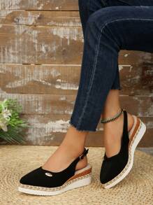 Women's Fashion Sexy Wedge Platform Shoes, Pointed Toe Color Block Splicing Shoe Upper, Mule Backstrap Design Sandals, Soft And Comfortable Woven Rope Soles, High Waterproof Platform With Adjustable Buckle, Elegant Fairy Style Shoes