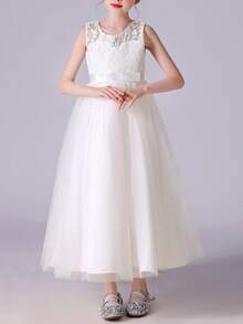 Flower Girls Vintage Lace Wedding Maxi Dress Floor Length Bridesmaid Party Long Pageant Princess Communion Boho Dance Gown - trắng - Xem 3