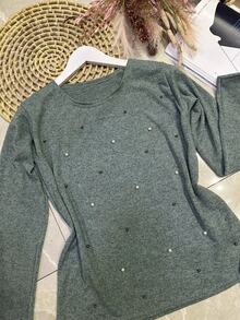 Long Sleeve Blouse In Soft Fabric With Rhinestones - Green - View 2