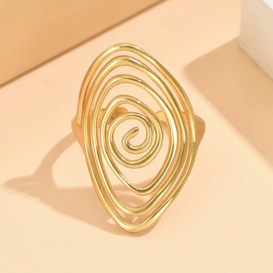 A Hollow Geometric Ring, Stainless Steel Ring, Hollow Large Ring, Threaded Ring, Oval Opening Ring, Retro Hollow Geometric Spiral Opening Ring, Creative Asymmetrical Adjustable Stainless Steel Cocktail Ring, Ladies Single Ring - Yellow Gold - View 1