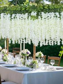 24/12 件紫藤吊花仿真植物藤蔓藤条假吊花环丝绸花串婚礼派对花园户外家居装饰，白色，花朵绿叶丝绸长吊灌木花花卉装饰派对婚礼花园家居装饰情人节，礼物生日毕业