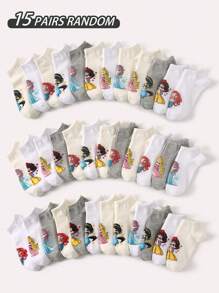 5/10/15 Paar Damen/Herren/Mädchen/Jungen/Paar, Frühling/Sommer, niedrig geschnittene Socken, Dekor mit Cartoon-Prinzessinnen-Muster, süß, hautfreundlich, weich, atmungsaktiv, vielseitig, geeignet für Studenten, Erwachsene, Party, Urlaub, Büro, Zuhause und den Alltag, zufällige Farbe und Stil