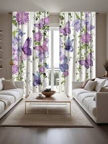 2 piezas de cortinas con estampado de mariposas moradas, paneles de cortina de lavanda floral con ojal para varilla, diseño con hojas y plantas botánicas para sala de estar y dormitorio - Multicolor - Ver 5