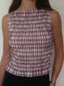 Women Y2K Plaid Smocked Tank Top Gingham Sleeveless Crewneck Pleated Ruffle Hem Vests Crop Tops Summer Ruched Shirt Going Out Tops Streetwear - 酒紅色 - 查看 3
