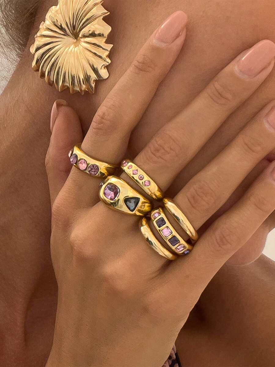 6 件/套时尚优雅的金色金属、粉色、紫色水钻不对称纹理戒指套装，适合日常佩戴、派对、礼物（大号金属环是开口的但不可调节，请勿强行使用，否则可能会断裂） - 金黃色 - 查看 1