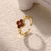 1pc 18K Plated Stainless Steel Colorful Zirconia Four-Leaf Clover Open Ring, Fashionable & Suitable For Party, Date, Office Wear