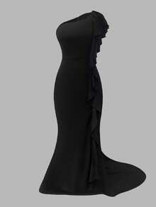 Women's Elegant Ruffled One Shoulder Backless Sleeveless Maxi Dress With Train, Spring/Summer - Black - View 2