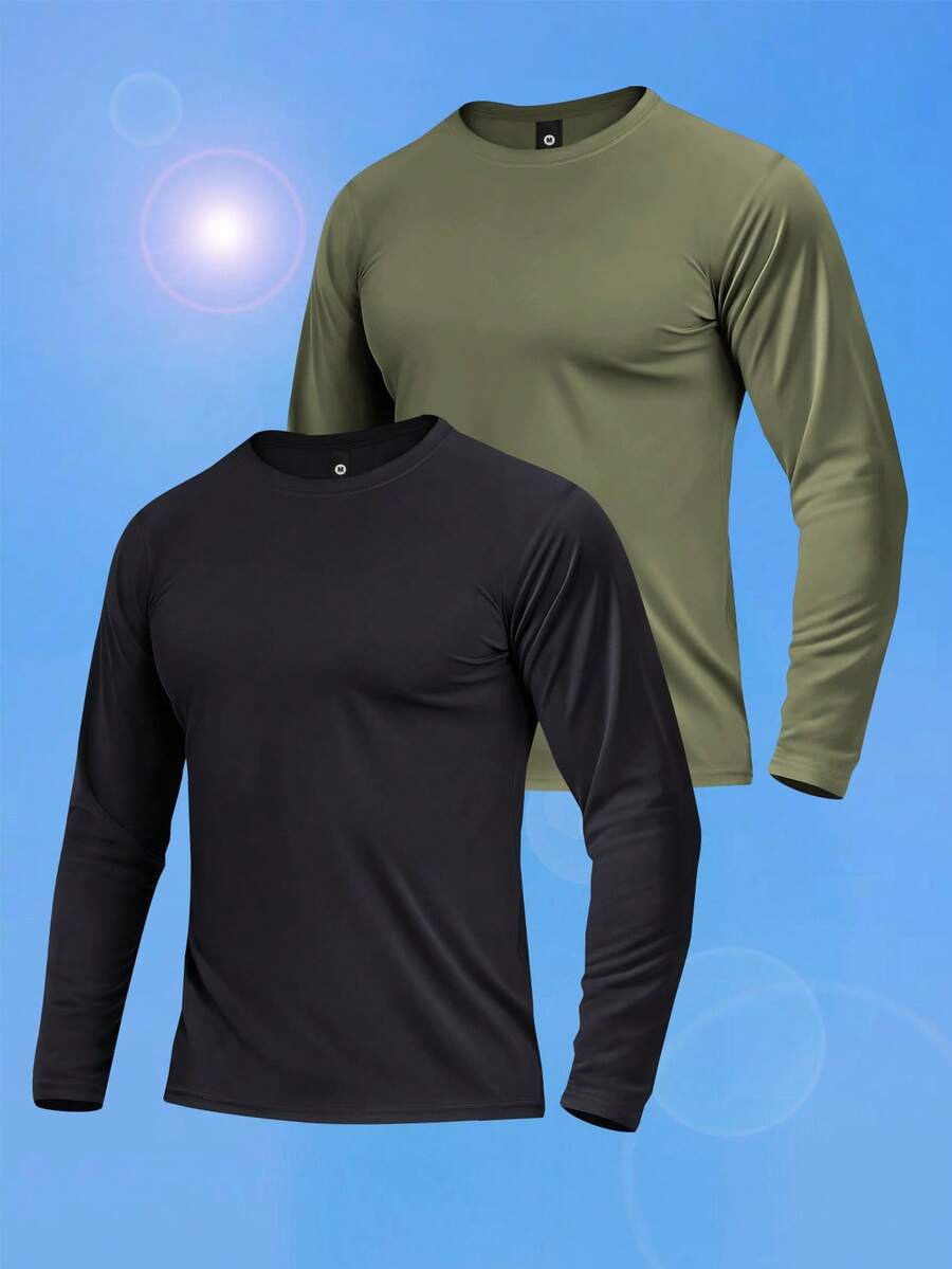 2pcs Men's Summer Solid Color Long Sleeve T-Shirt, Basic Casual Vacation Beach Golf Fishing Basketball Camping Gym Outdoor Lightweight Breathable Sun Protection Top, Great Gift For Boyfriend/Husband - Multicolor - View 1
