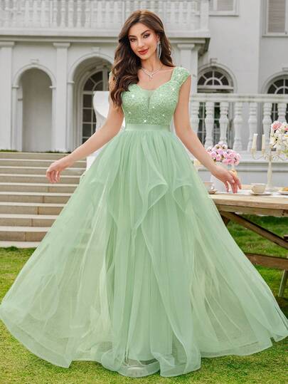 MIUSOL Vestido de manga corta con cuello en V, encaje floral con lentejuelas, contraste de color con malla y volantes en el bajo, vestido elegante de noche para mujer, vestido de cóctel formal, adecuado para fiestas, bodas, graduaciones, galas y otras ocasiones de primavera