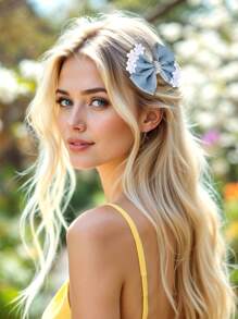2pcs Denim Hair Bows For Women Girls Solid Color Denim Bow Alligator Clips With Pearl Flower Elegant Vacation Bow Hair Clips Casual Bow Barrettes Women Hair Accessories ,Flat Claw Clip