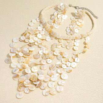 1 stuk Boheemse handgeweven meerlaagse waterval natuurlijke schelp parel ketting & oorbellen set, modieuze luxe schelp kralen hanger ketting & oorbellen geschikt voor vrouwen, geschikt voor concerten, feesten en bijeenkomsten (schelp kralen positie willekeurig)