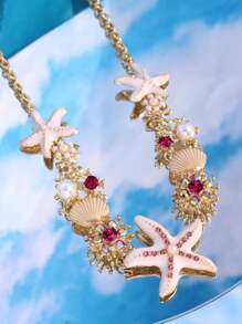 1pc Fashionable Exquisite Luxury Versatile Cute Creative Quirky Unique Shiny Bohemian Style White Starfish & Shell Necklace For Women, Suitable For Summer Beach, Party, Commute, Holiday, Vacation