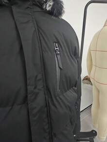 1pc Men's Hooded Padded Jacket, Black Solid Color, Faux Fur Trim Hood, Zipper Closure And Pockets, For Casual Outdoor Wear