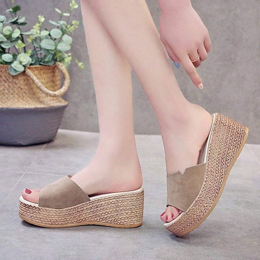 Mujeres Exterior Desgaste Escritorio Pendiente Tacón Sandalia Mopa Fondo Grueso Tacón Alto Muffin Fondo Una Palabra Zapatillas - Caqui - Ver 1