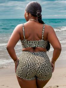 Slaydiva Conjunto de bikini de talla grande de 3 piezas con estampado geométrico all over para playa de verano