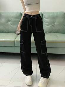 Vaqueros de cintura alta con pernera ancha y diseño de costuras visibles al estilo americano. Nuevo modelo de primavera-verano para mujer, con múltiples bolsillos, holgados y versátiles, perfectos para combinar con cualquier prenda. - Negro - Ver 5