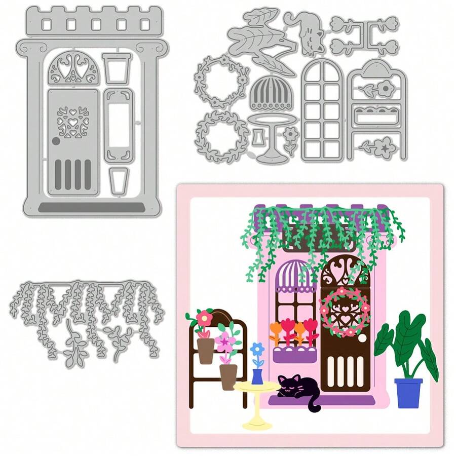 MAGICALCUTDIE Flower Shop Cutting Dies Card Making Door Window Combination Cut Stencil Carbon Steel Die Card Scrapbooking Embossing Template For Cards Paper Craft Making Album Invitation Gift Decor - Xám - Xem 1