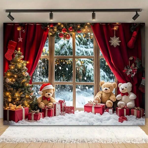 The Christmas Wonderland Snowman Background Paired With Red Curtains Is Perfect For Indoor Celebrations, Studio Photography, And Holiday Parties