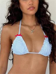 Alyweatry Women Y2K Bikinis Sets Coquette Aesthetic Bows Halter Tie Up Bikini Top High Cut Elastic Waist Bikini Bottom - Blue Gingham - 查看 4