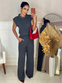 Conjunto Carmen Feminino Calça e Blusa Sem Manga Casual Dia a Dia Inverno - Marrom Claro - Visão 3