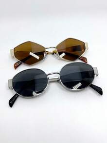 2pcs Back-To-School Metal Small Frame Oval Geometric Hexagon Pattern Fashion Glasses, Versatile High-End Driving Fashion Glasses For Women, Stylish Retro Metal Cat Eye Wide Frame Fashion Glasses For Photo, Holiday Shades - Diamond Gold Frame/full Tea + Round Silver Frame/full Gray - View 14