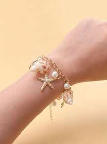 1 件女士波西米亚风格金属珍珠海星贝壳手链，海滩度假时尚配饰，金色，适合女士