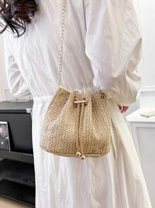 New Straw Shoulder Bag, Fashion Metal Chain Straw Crossbody Bag, Stylish Lightweight Mini Messenger Bag For Women With Metal Lock Accent