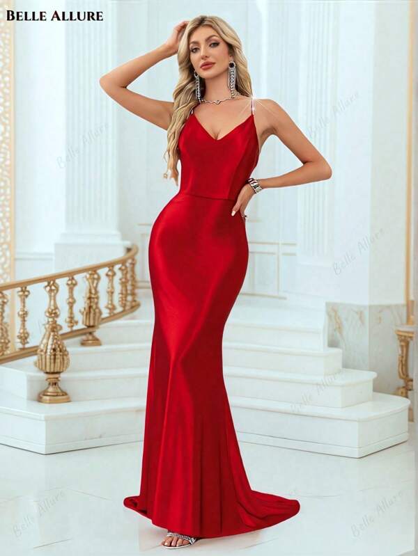 Sexy elegante feestjurk voor dames, rode spaghettibandjes met V-hals, glanzende satijnen stof, dunne maxi-jurk met pailletten, open rug en strikbandjes, glamoureuze avondjurk voor gala, afstuderen en banket