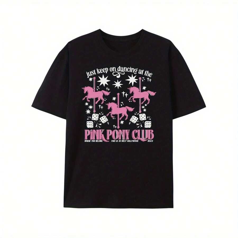 Most Popular Charming Pink Pony Club Graphic Tee - Soft Cotton, Crew Neck, Perfect For Casual Outings & Festivals, Retro, Keep Dancing, T-Shirt, PA1310_10 - Black - View 1