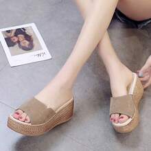 Mujeres Exterior Desgaste Escritorio Pendiente Tacón Sandalia Mopa Fondo Grueso Tacón Alto Muffin Fondo Una Palabra Zapatillas - Caqui - Ver 2