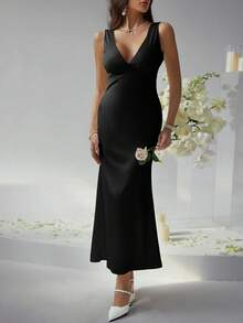 Look Polly 女士夏季连衣裙，纯色真丝吊带长裙，适合婚礼、秋季、返校季穿着，露肩正式礼服，优雅性感V领长裙 - 黑色 - 查看 3