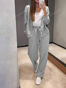 Conjunto de 2 piezas talla grande para mujer, chaqueta de punto casual deportiva con botones y pantalones con cordón