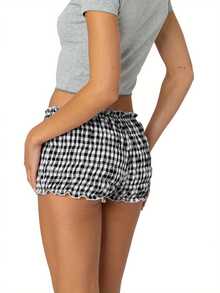 Women Ruffle Plaid Shorts Cute Pettipants Low Waist Ruched Short Pants - Black - View 2