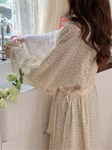 1 Pc Women's Spring/Autumn New Korean Style Ditsy Floral Long Robe, Loose Kimono Bathrobe Back To School - Multicolor - View 9