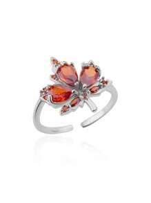 Gift Box Set Luxury Ruby Maple Leaf Shaped Open Band Ring, Sparkling Cubic Jewelry Suitable For Women, Engagement, Party, Festival Gift