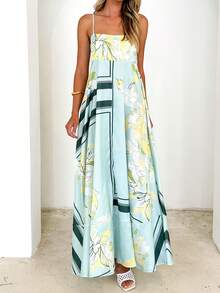 Women Y2K Maxi Dress Smocked Spaghetti Strap Sleeveless Long Flowy Dress Boho Backless Aline Long Dress Summer Casual Beach Sun Dress - 藍色 - 查看 3