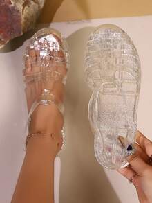透明水晶果冻凉鞋，青少年低跟平底一脚蹬凉鞋，公主风，防滑防水，适合学生