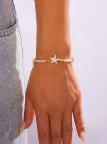 1 pieza Pulsera de cuentas de semilla en estilo playero blanco con estrella de mar, adecuada como accesorio diario de mujer, para vacaciones, citas, regalos, días festivos, fiestas, compras