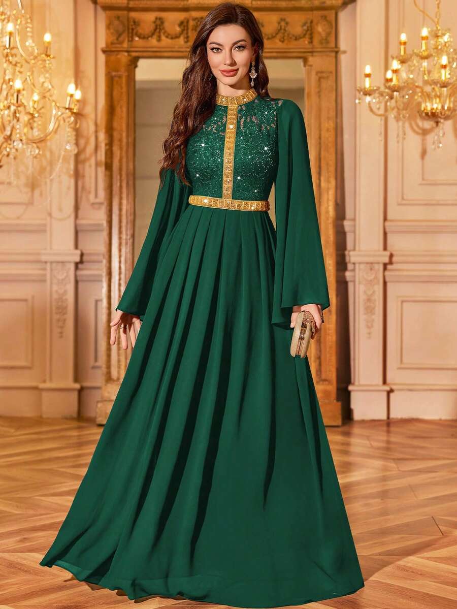 MIUSOL Sequin Floral Lace Contrast Color Chiffon High Neck Ruffle Hem Long Sleeve Formal Evening Gown