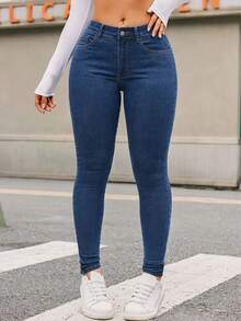 Vaqueros Ajustados De Cintura Alta Lavados, Vaqueros Ajustados Casuales De Alta Elasticidad, Vaqueros De Mezclilla Y Ropa Para Mujeres, Jeans Ajustados de Mezclilla para Mujer, Pantalones de Mezclilla Mujer, Súper Elásticos, Push Up, de Cintura Alta, Estilo Casual, Pantalón Skinny Stretch Azul, Vaqueros Casuales de Mezclilla - Azul - Ver 1