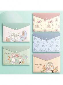 5pcs Cartoon A4 Size High Capacity Thick Storage Bag, Transparent Waterproof And Moisture-Proof Folder With Button Closure, Office & Student Stationery Organizer, Gift,Back To School,School Supplies