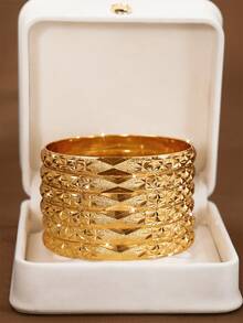 1/3/6pcs Traditional 24k Gold-Plated Exquisitely Hand-Carved Starry Pattern Bangle Bracelets, Suitable For Women Daily Wear And Gifts, No Box - Gold - View 2