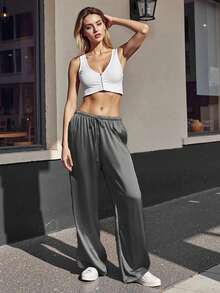 Women's Silk Wide Leg Pants Drawstring High Waist Solid Color Loose Pants Flowy Trousers - Black - View 4