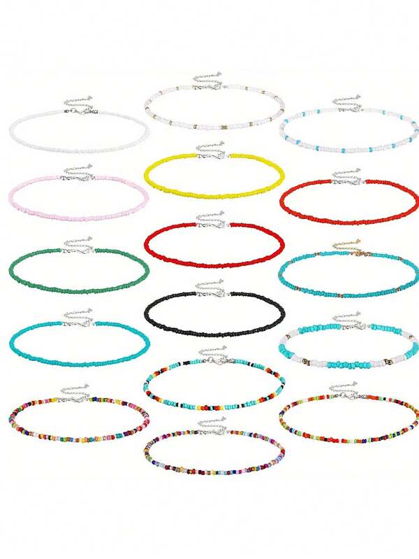 16pcs Assorted Color Bohemian Beaded Choker Necklace Set