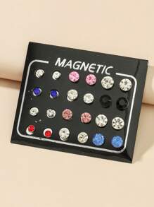 24pcs Magnetic Rhinestone Stud Earrings, Multi-Size, For Women Daily Wear