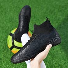 (Shoe Size: 32-46), 1 Pair Of High-Top Men's Soccer Boots, Soccer Sneakers, Sports Outdoor Shoes, Soccer Match Shoes, Sporty Style, Anti-Slip And Wear-Resistant, TF Short Spike Sole Design, PU Leather Upper, Beautiful Color, Rubber Sole, Professional Competition Use, Suitable For Hard Mud And Sand And Artificial Plastic Particle Sites - Black - View 2