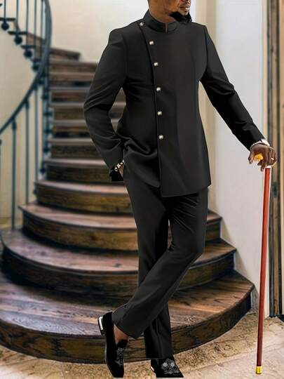 2 pièces Ensemble blazer et pantalon, nouvel arrivage 2025, motif Dashiki noir, design à simple boutonnage, couleur unie, manches longues, col Mao, pantalon à taille élastique, tenue de style africain pour hommes, ensemble chemise et pantalon décontracté 2 pièces, convient pour les affaires, les fêtes, les rendez-vous, les mariages, le port quotidien, les événements culturels
