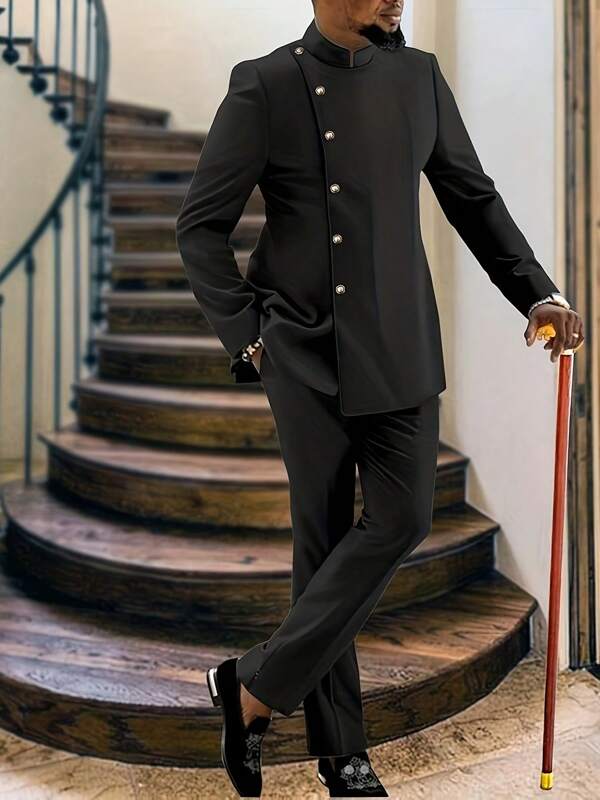 2pcs Blazer And Pants Set, 2025 New Arrival Black Dashiki Pattern, Single Breasted Design, Solid Color, Long Sleeve, Mandarin Collar, Elastic Waist Pants, African Style Menswear, Casual Shirt And Trousers 2-Piece Set, Suitable For Business, Party, Date, Wedding, Daily Wear, Cultural Events